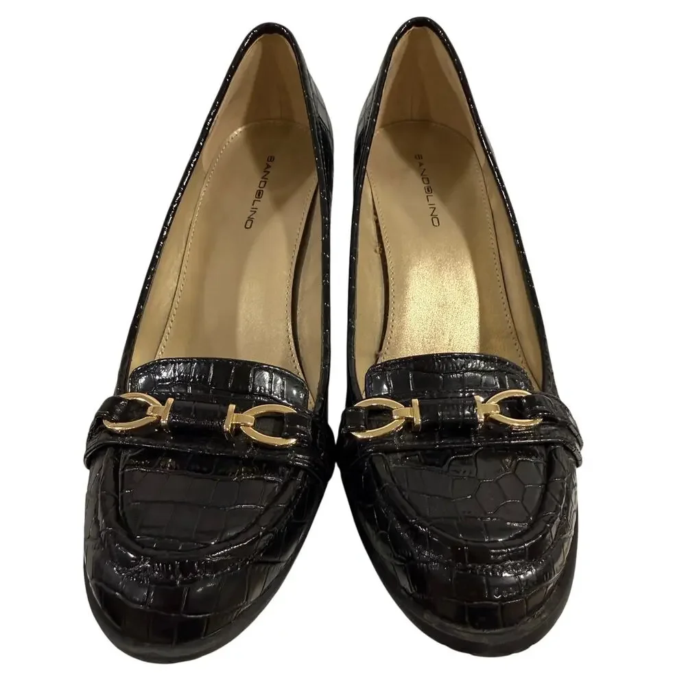 Bandolino Croc Patent Horsebit Block Heel Loafer Pumps Black Women's 7.5M Preppy